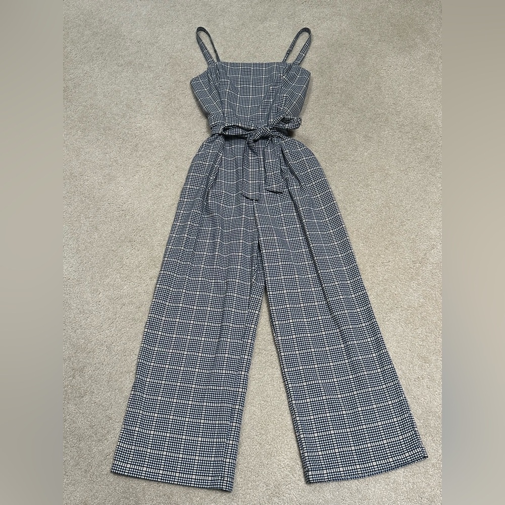 Abercrombie & Fitch Plaid Women’s L Jumpsuit Bow Sleeveless Navy Blue White Tan